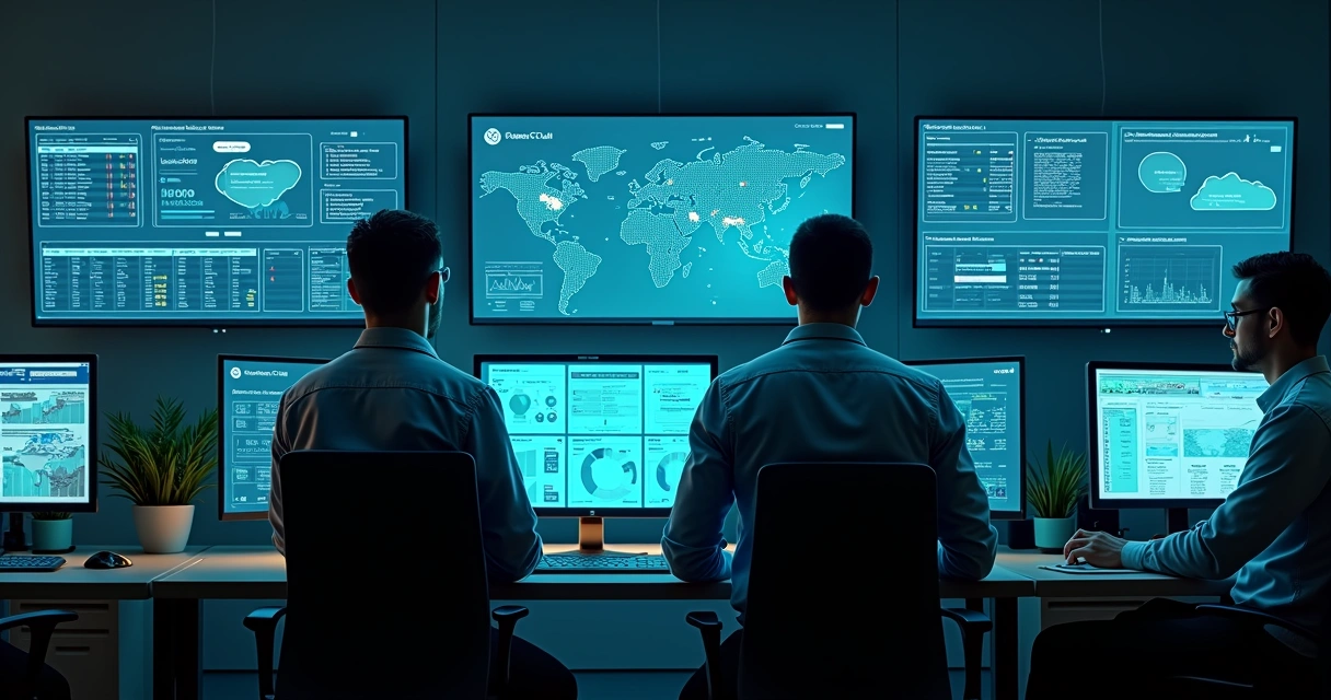 Equipe de TI monitora painel de backup em nuvem e servidores 