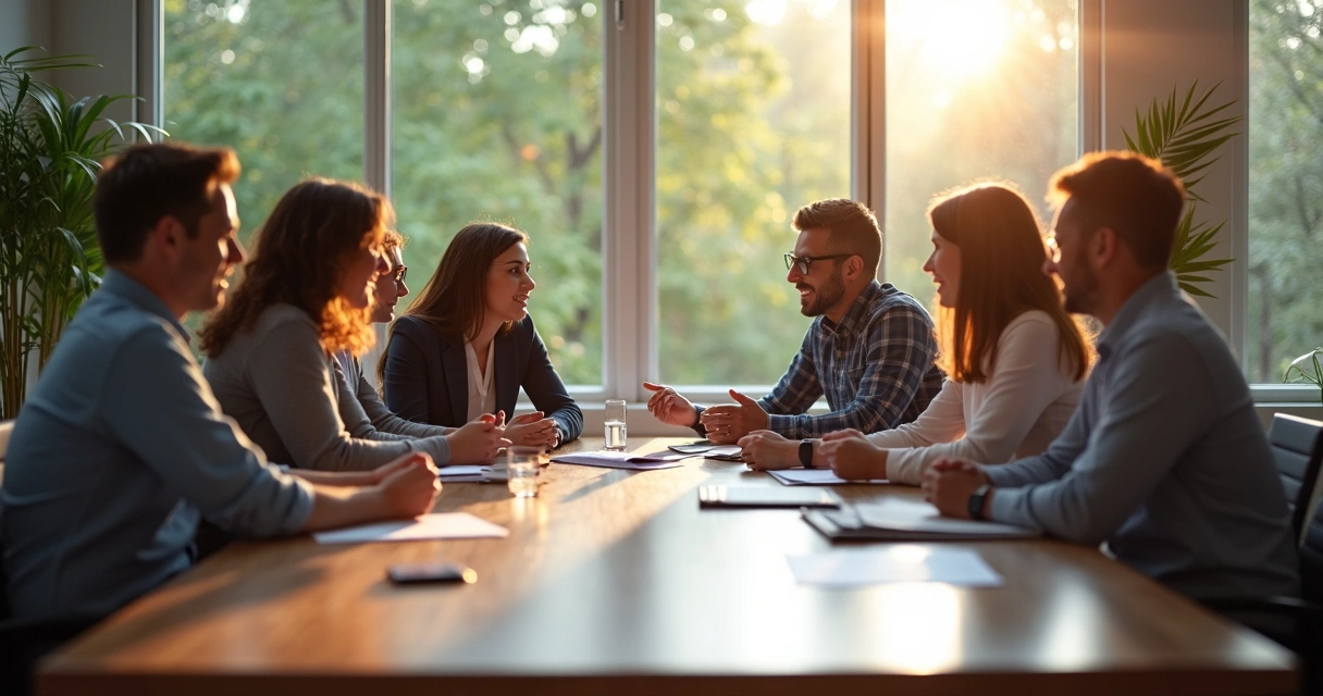 Equipe tomada de decisão ao redor de mesa 