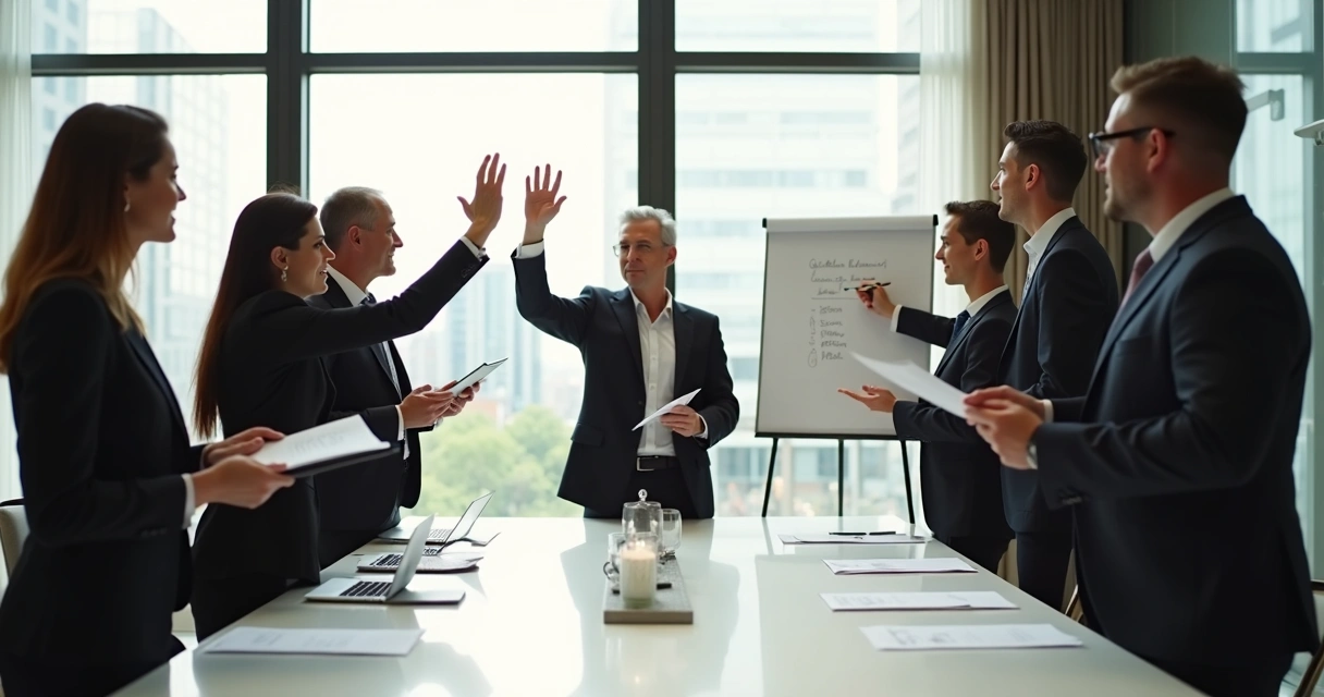 Equipe de trabalho reunida, todos opinando e votando juntos. 
