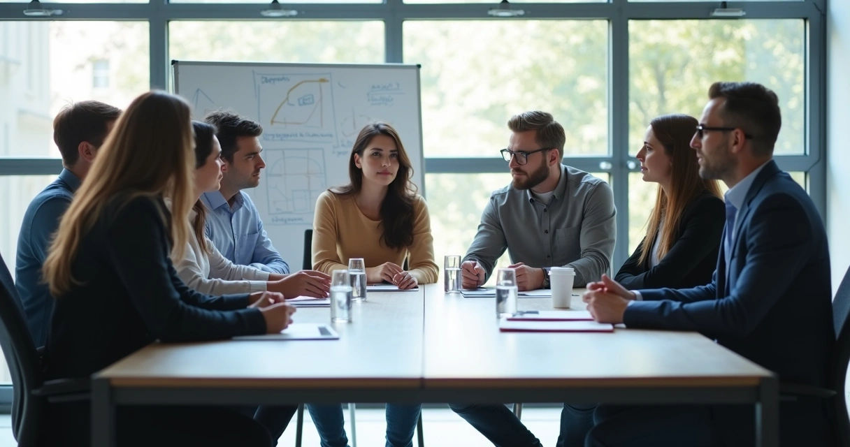 Equipe reunida ao redor de uma mesa tomando decisões juntos em ambiente moderno 