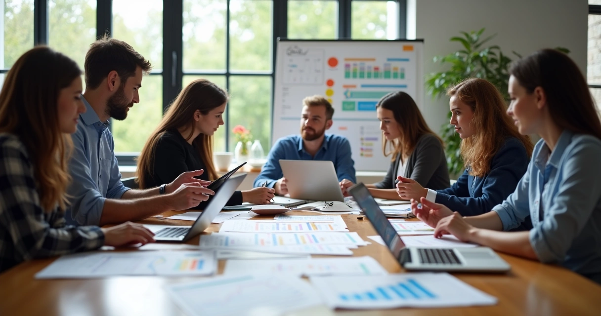 Equipe de profissionais reunida em torno de mesa colaborativa com gráficos e planos de metas visíveis 