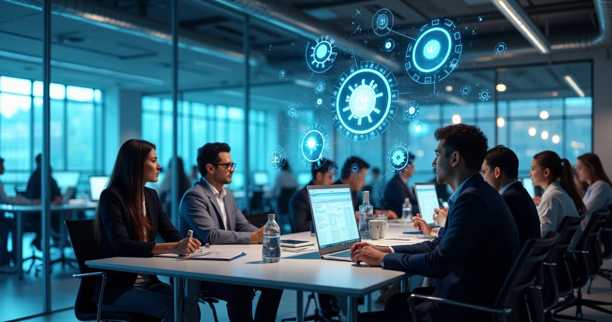 Equipe de escritório trabalhando enquanto grafismos de automação se destacam ao fundo. 