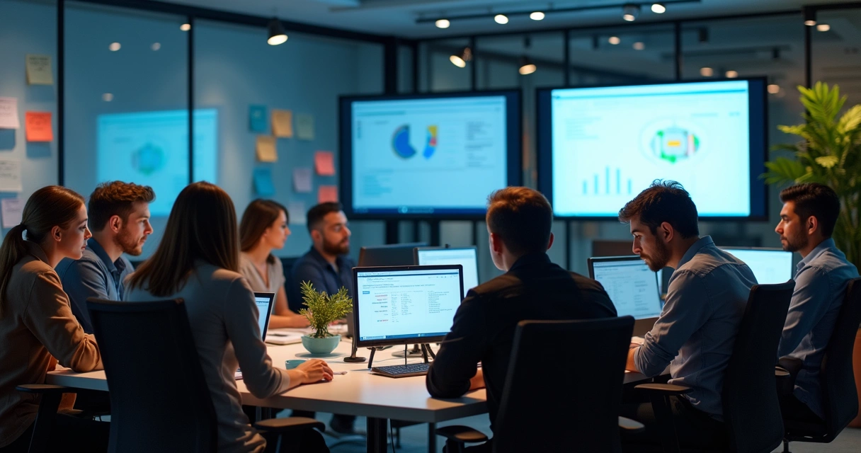 Equipe de tecnologia usando computadores em uma sala de reunião moderna 