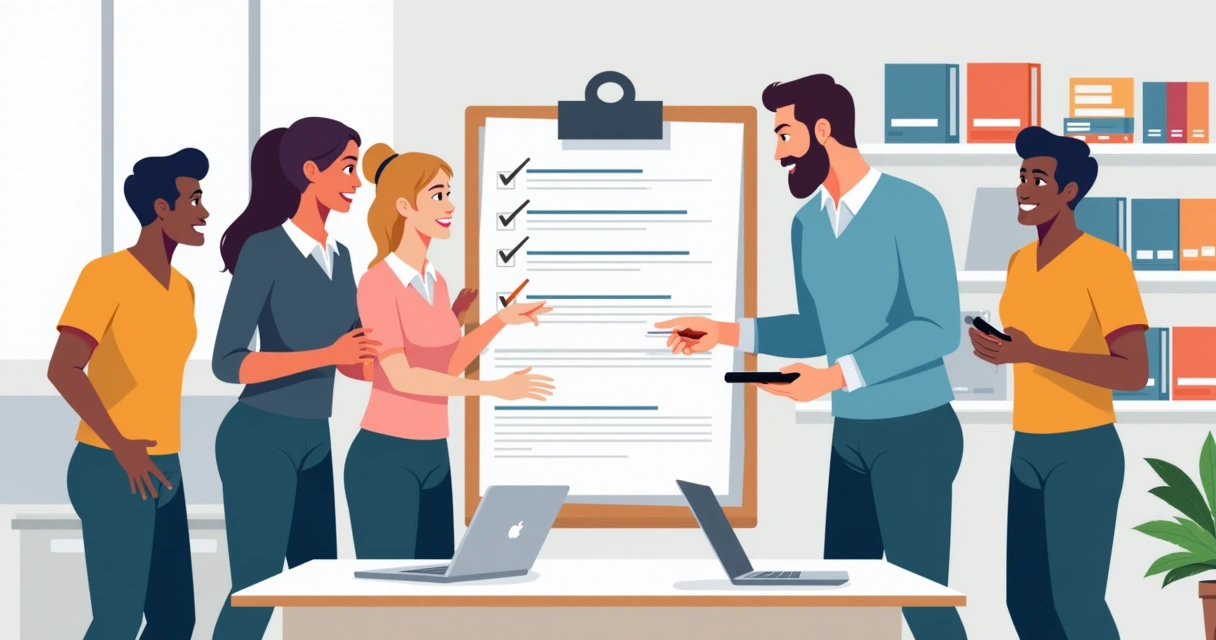 Equipe reunida conferindo checklist numa prancheta. 