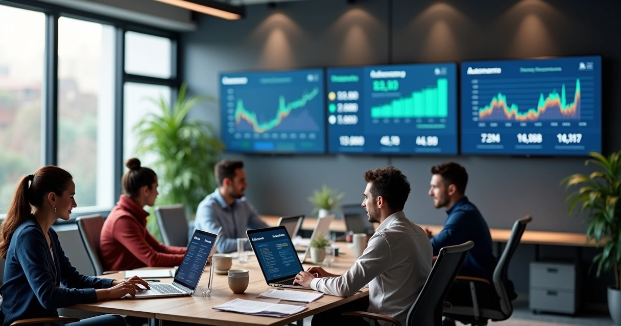 Equipe administrativa analisando informações de cobrança em computadores 