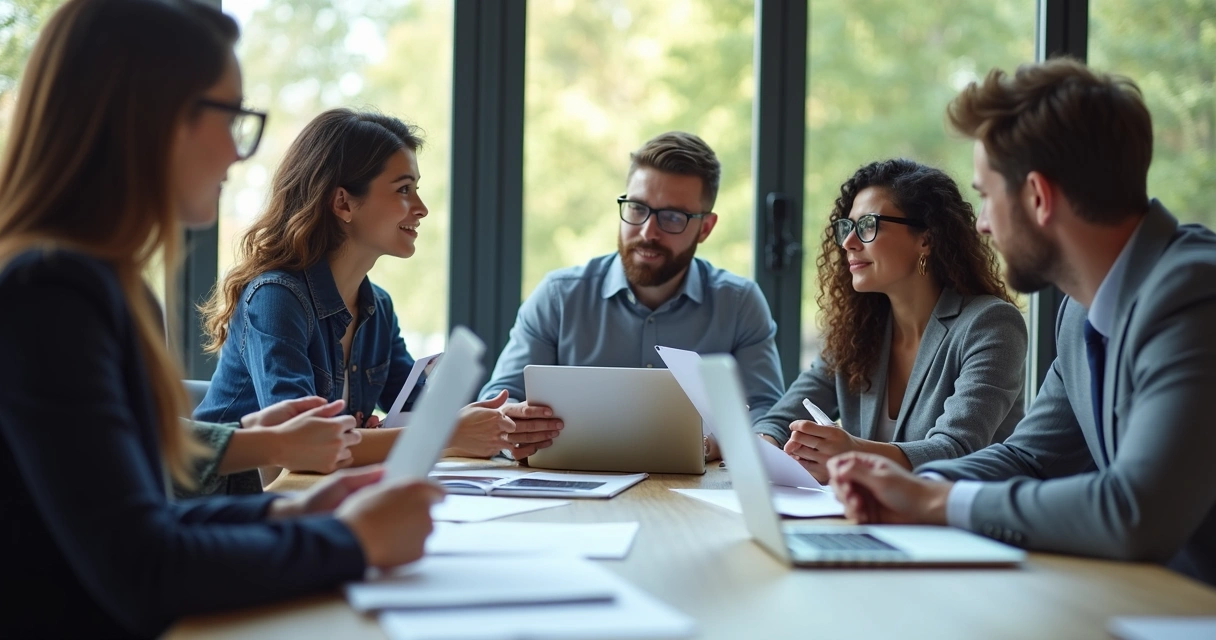 Equipe trabalhando de forma colaborativa em sala de reunião 