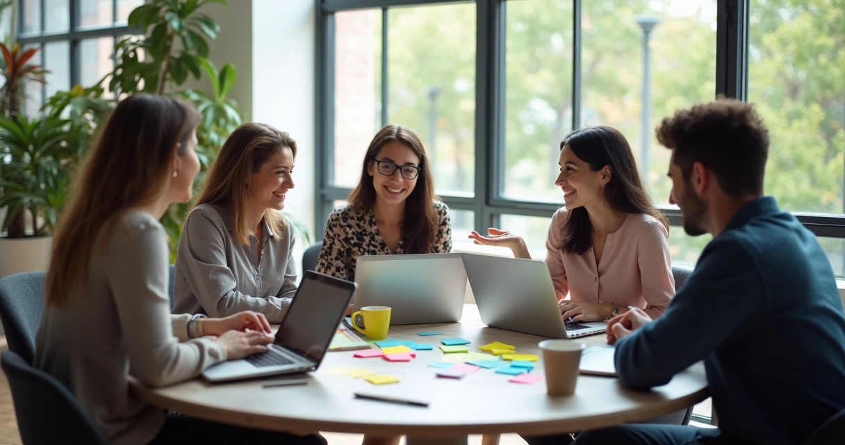 Equipe reunida ao redor de uma mesa discutindo projetos colaborativos