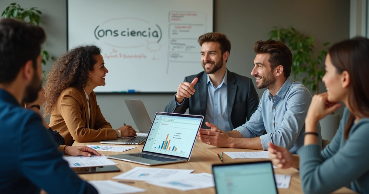 Equipe colaborando ao redor de mesa com gráficos e documentos 