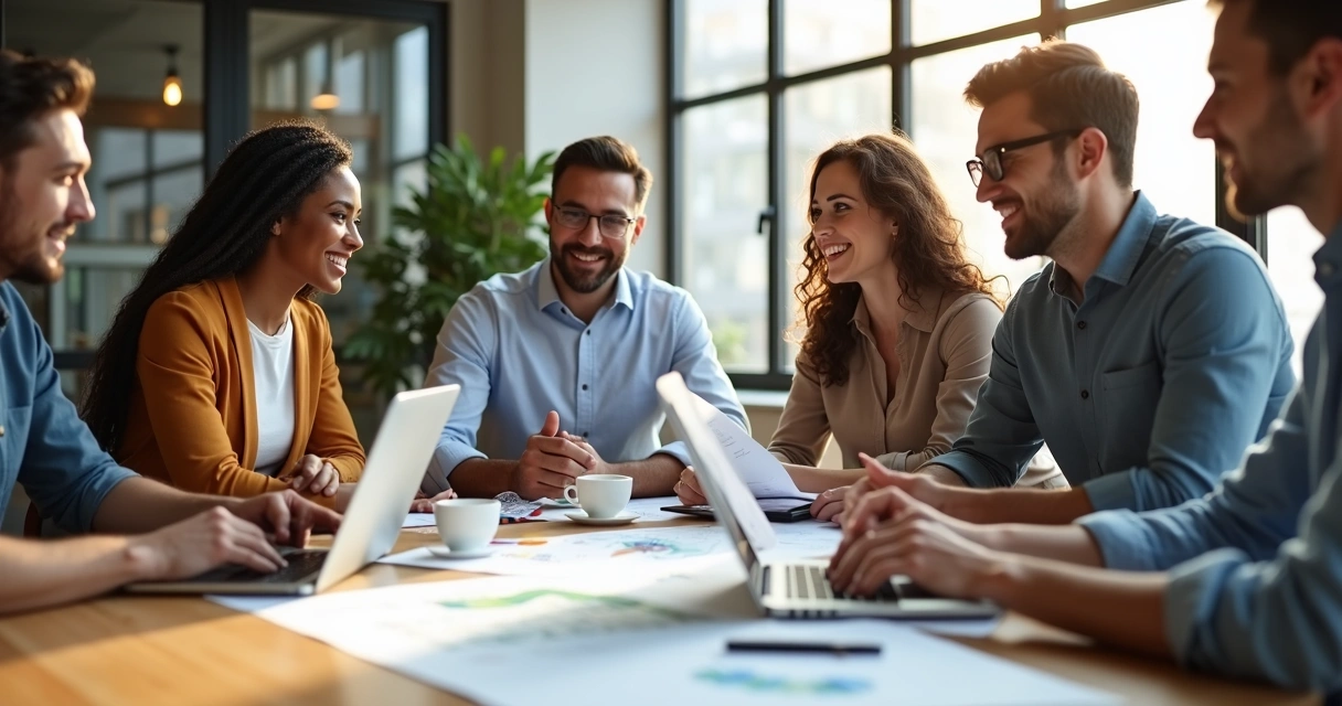 Equipe reunida em volta de uma mesa avaliando textos de blog 
