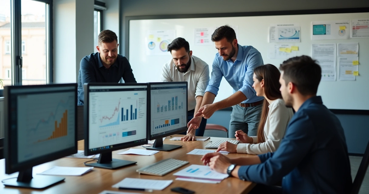 Equipe analisando dados em telas de computador 
