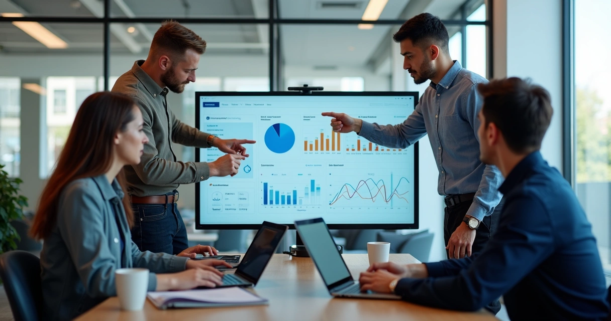 Time analisa dados para inteligência artificial juntos em uma sala moderna 