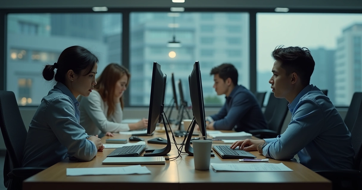 Equipe corporativa trabalhando desmotivada e dispersa