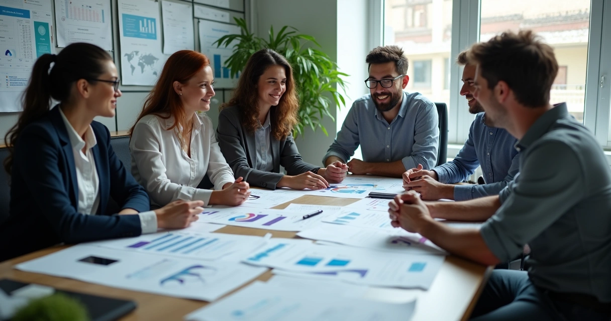 Equipe reunida analisando documentos em ambiente de escritório moderno 
