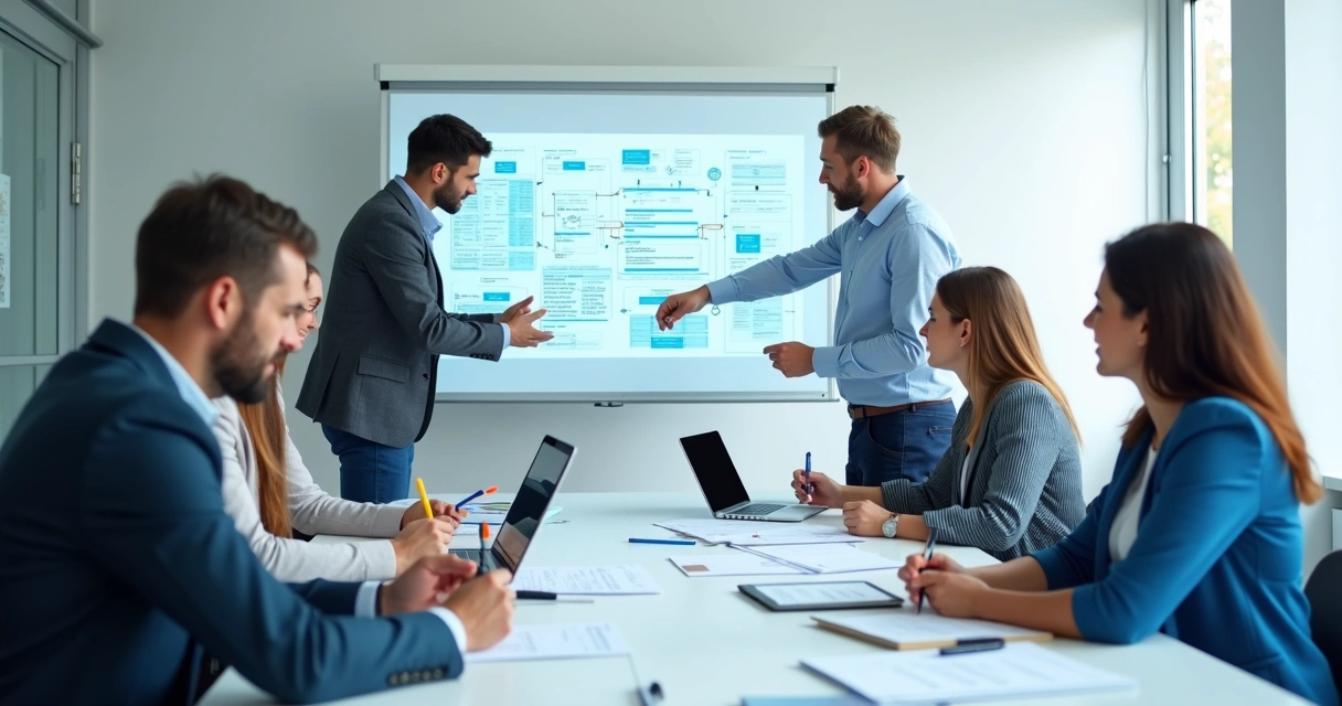 Equipe analisando documentos e dados na mesa 