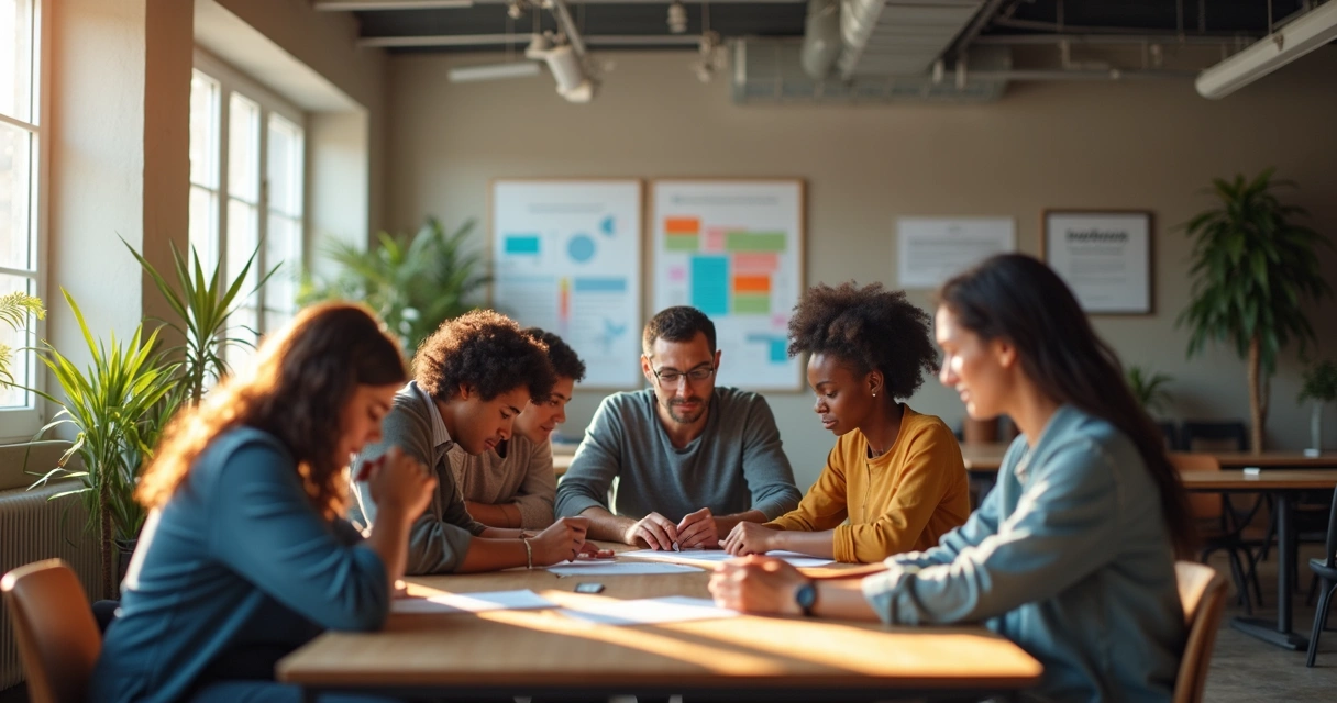 Grupo de pessoas trabalhando em equipe com ambiente acolhedor e ético 