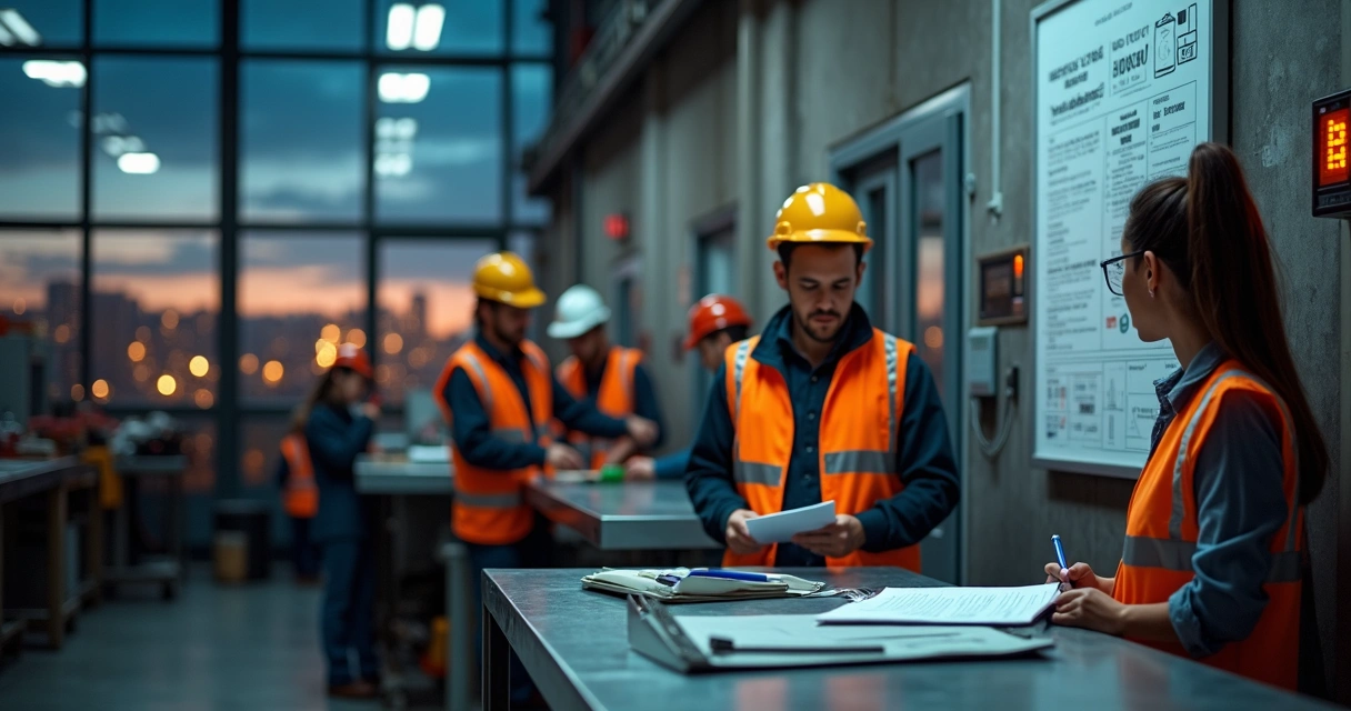 Equipe em linha de produção trabalhando em feriado com supervisora acompanhando checklist jurídico 
