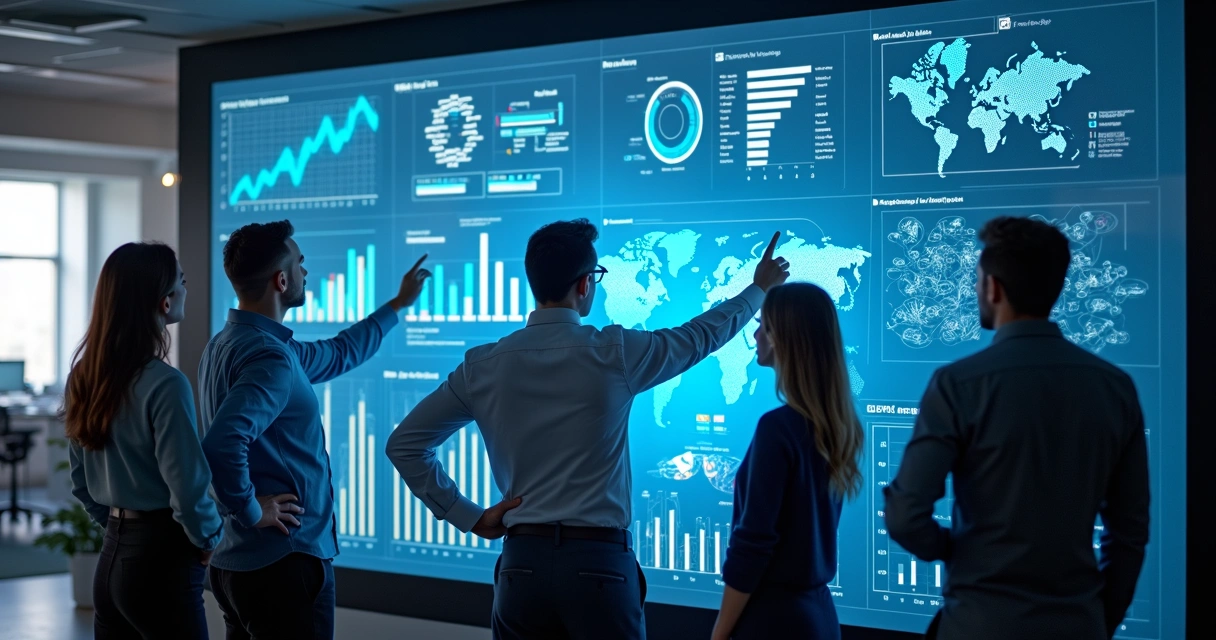 Equipe de escritório interagindo com tela digital mostrando gráficos de IA 