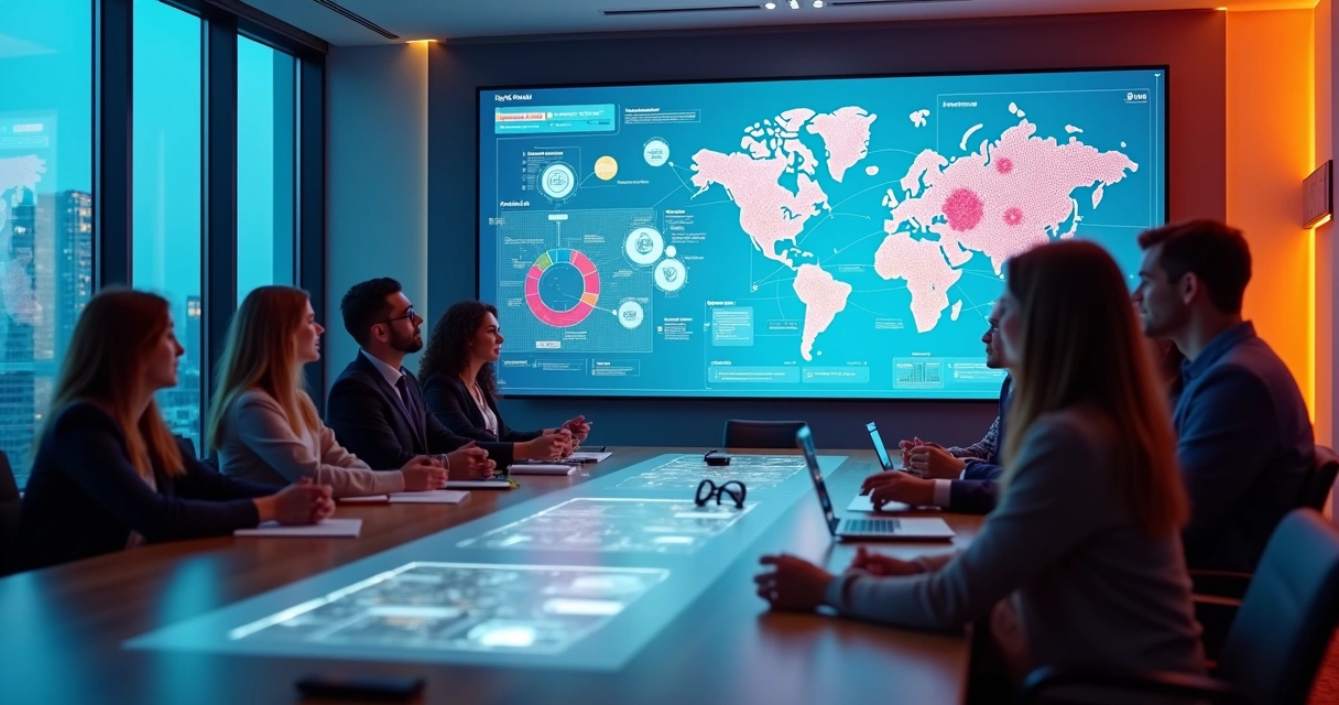 Equipe de trabalho discutindo ideias com interface de inteligência artificial generativa projetada em tela grande 
