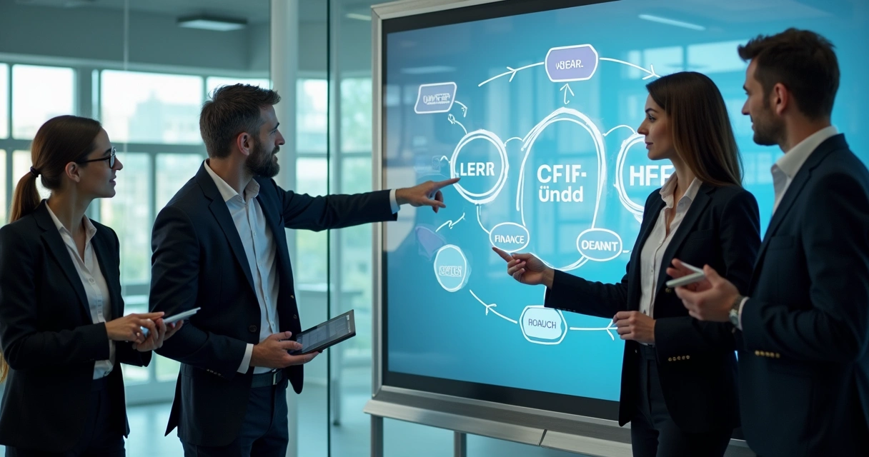 Equipe em reunião olhando fluxo de integração de sistemas na parede 