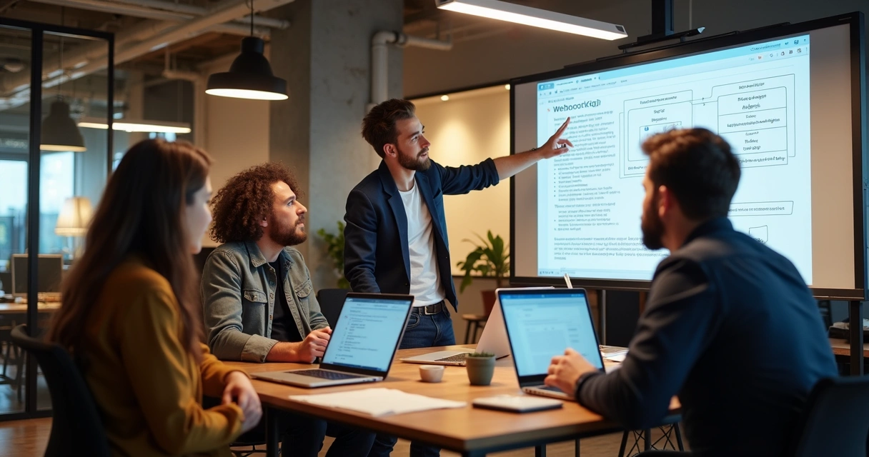 Equipe colaborando em integração de API em escritório moderno