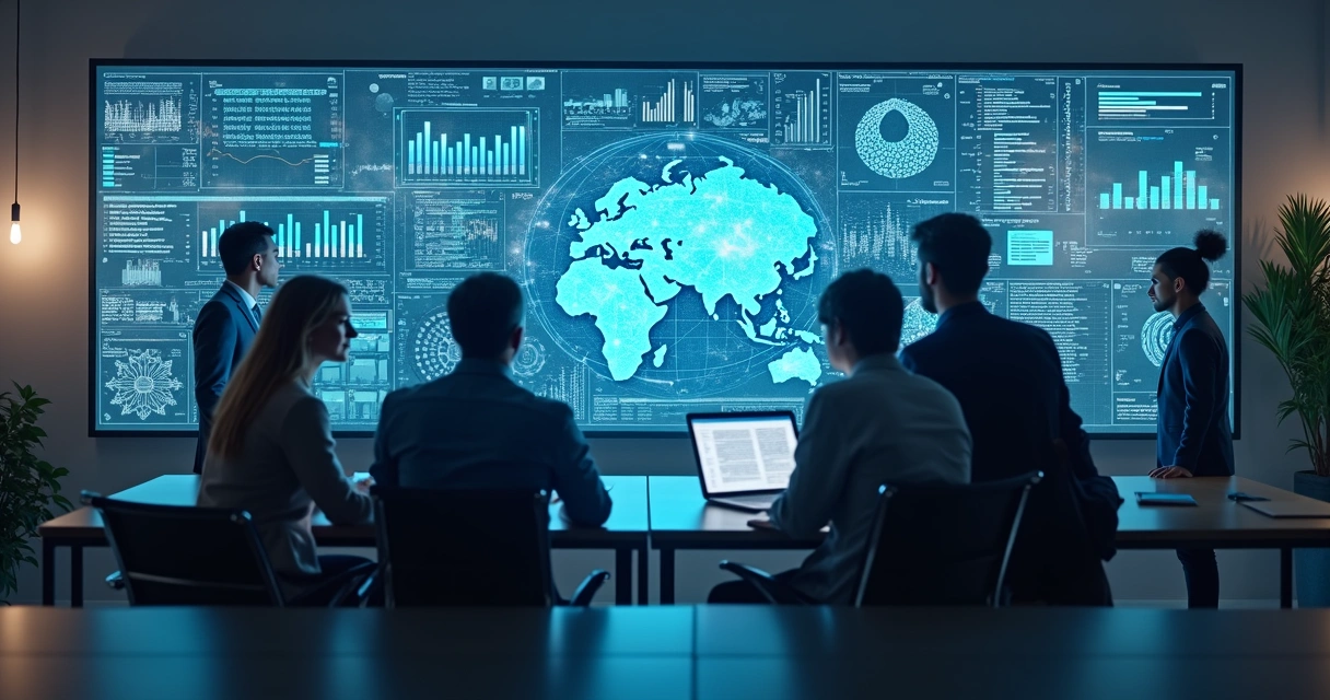 Equipe analisando dados com painéis digitais e elementos de IA ao fundo 