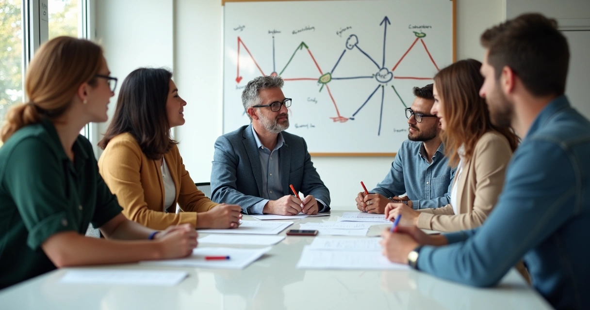 Equipe multigeracional colaborando em uma mesa de trabalho 