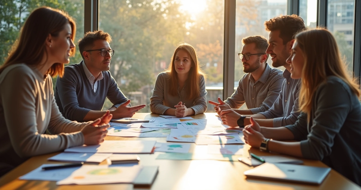Equipe reunida ao redor de uma mesa discutindo estratégias 