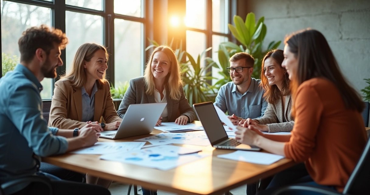 Equipe reunida ao redor de uma mesa de trabalho, colaborando com laptops e papéis 