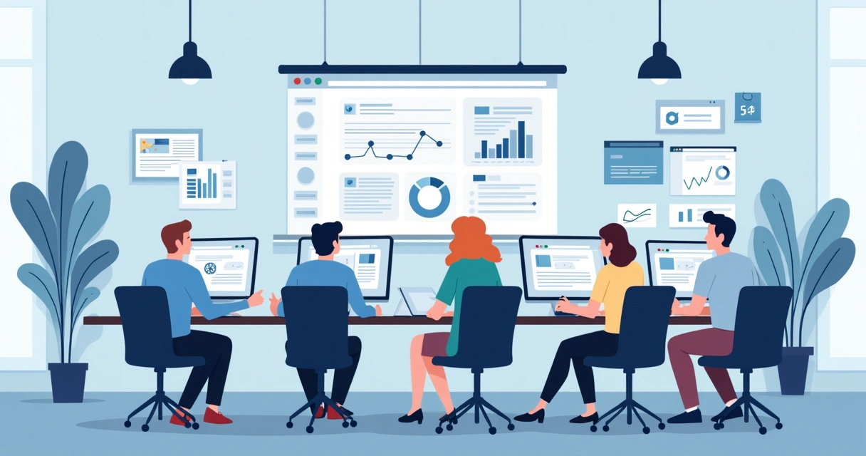 Equipe de marketing analisando landing page em computadores