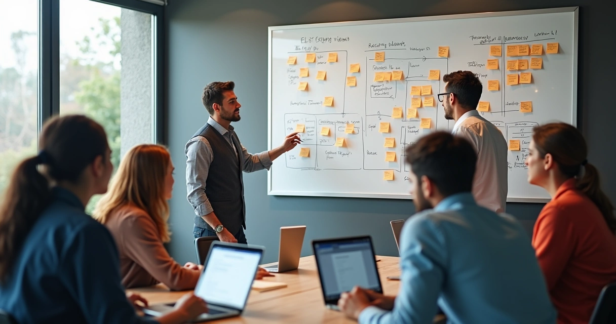 Equipe discutindo desenvolvimento de MVP em quadro branco. 