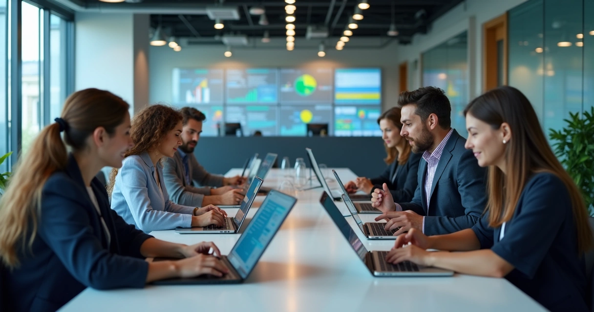 Equipe de negócios utiliza software SaaS em ambiente de nuvem na tela de computadores 