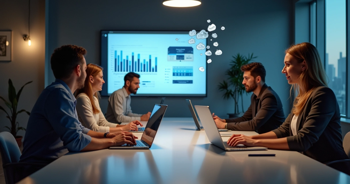 Equipe reunida compartilhando arquivos PowerPoint 