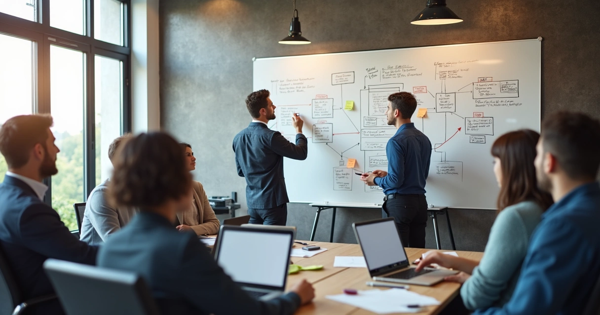 Equipe organizando processos empresariais em um quadro branco