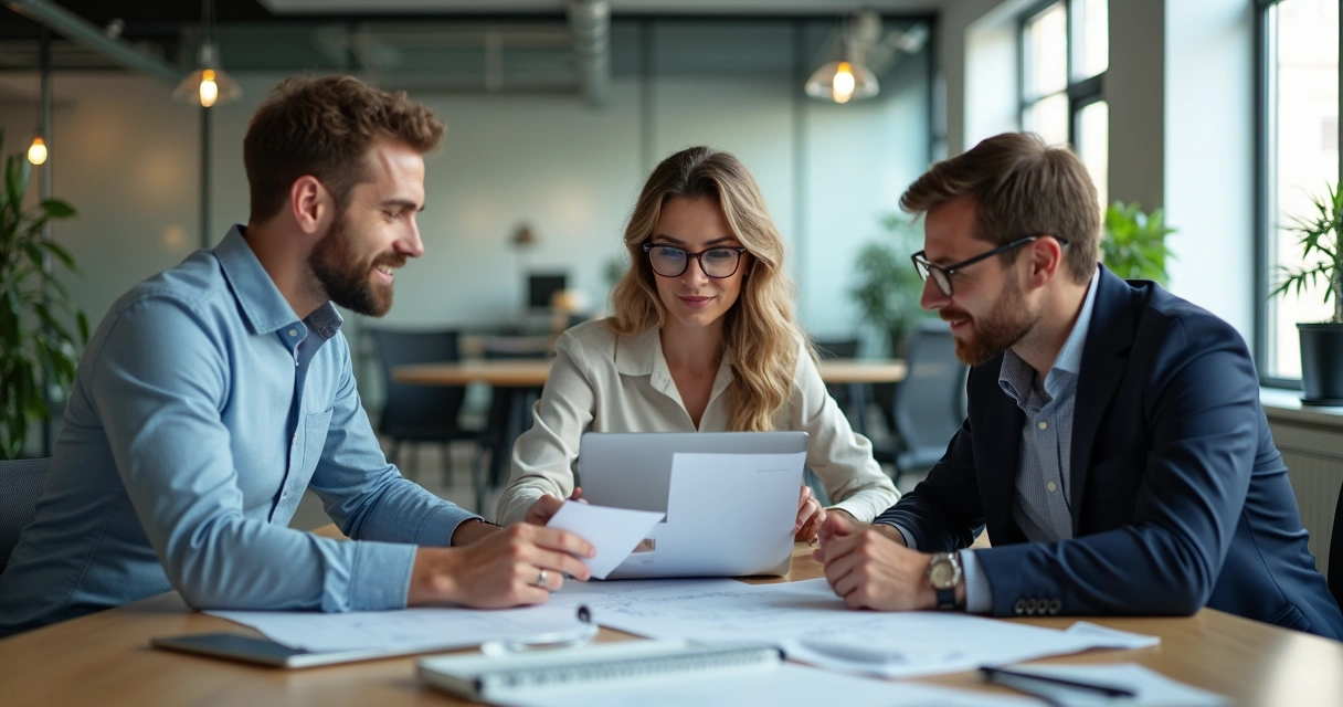 Profissionais de diferentes áreas colaborando no escritório 