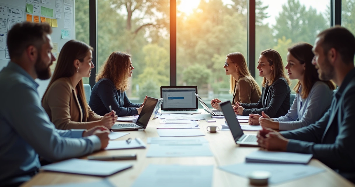 Equipe reunida planejando projeto em uma sala de reuniões 