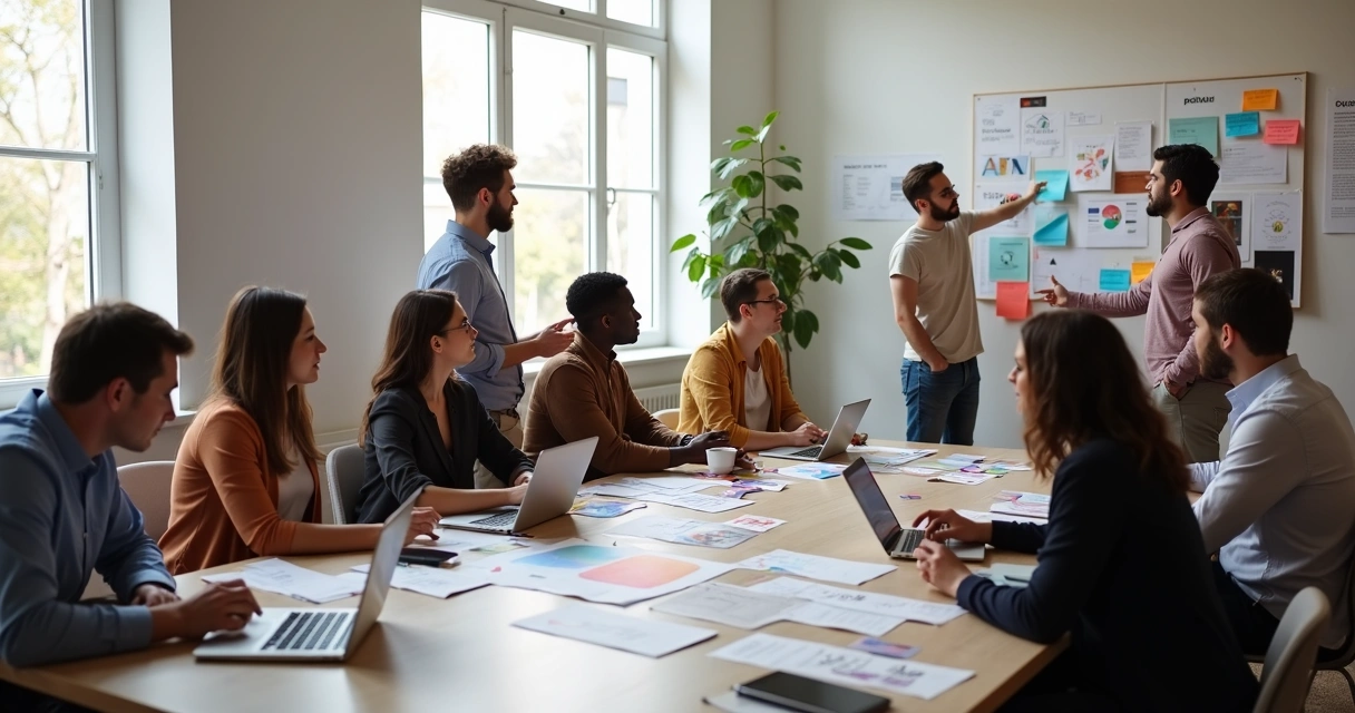 Equipe diversa discutindo mudanças de identidade visual em sala de reunião 