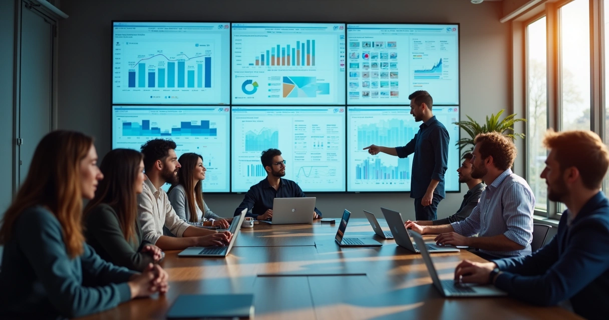 Equipe trabalhando em marketing digital com telas de redes sociais. 