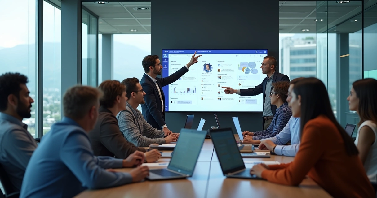 Grupo de profissionais trabalhando juntos em laptops em uma sala moderna, com gráficos projetados em uma parede no fundo 