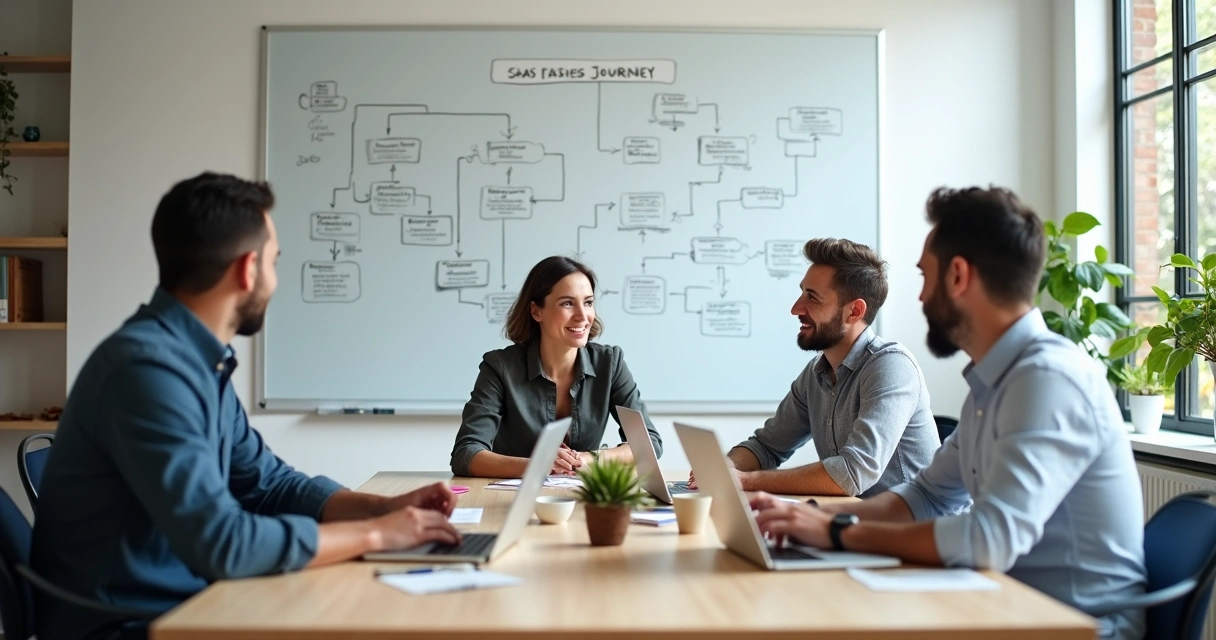 Equipe pequena trabalhando em laptops, discutindo fluxos de SaaS em quadro branco