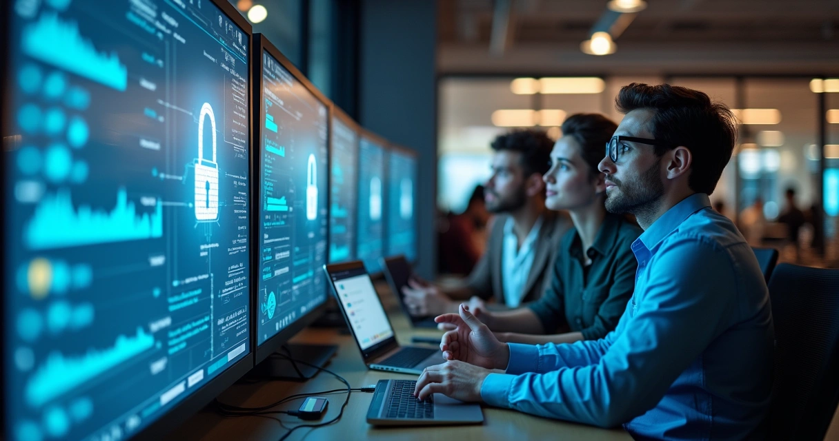 Equipe de tecnologia avaliando dados de segurança em tela ampla 