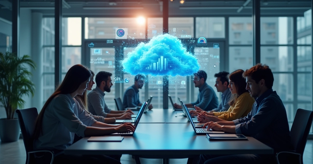 Equipe de escritório em volta de uma mesa, interagindo com computadores e tablets exibindo gráficos e documentos na nuvem. 