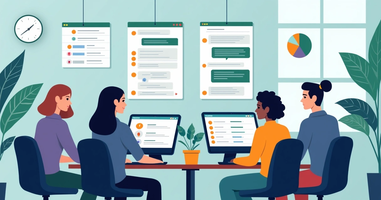 Equipe usando computadores e celulares com WhatsApp na tela