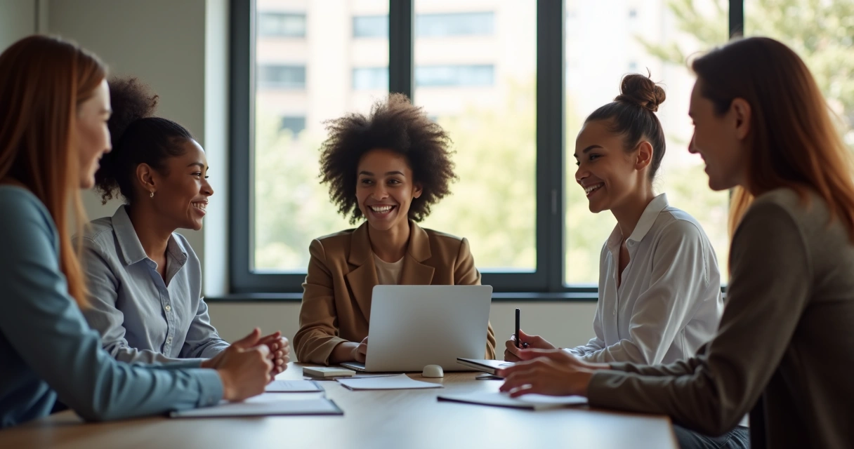 Grupo de colegas de trabalho sorrindo em reunião 