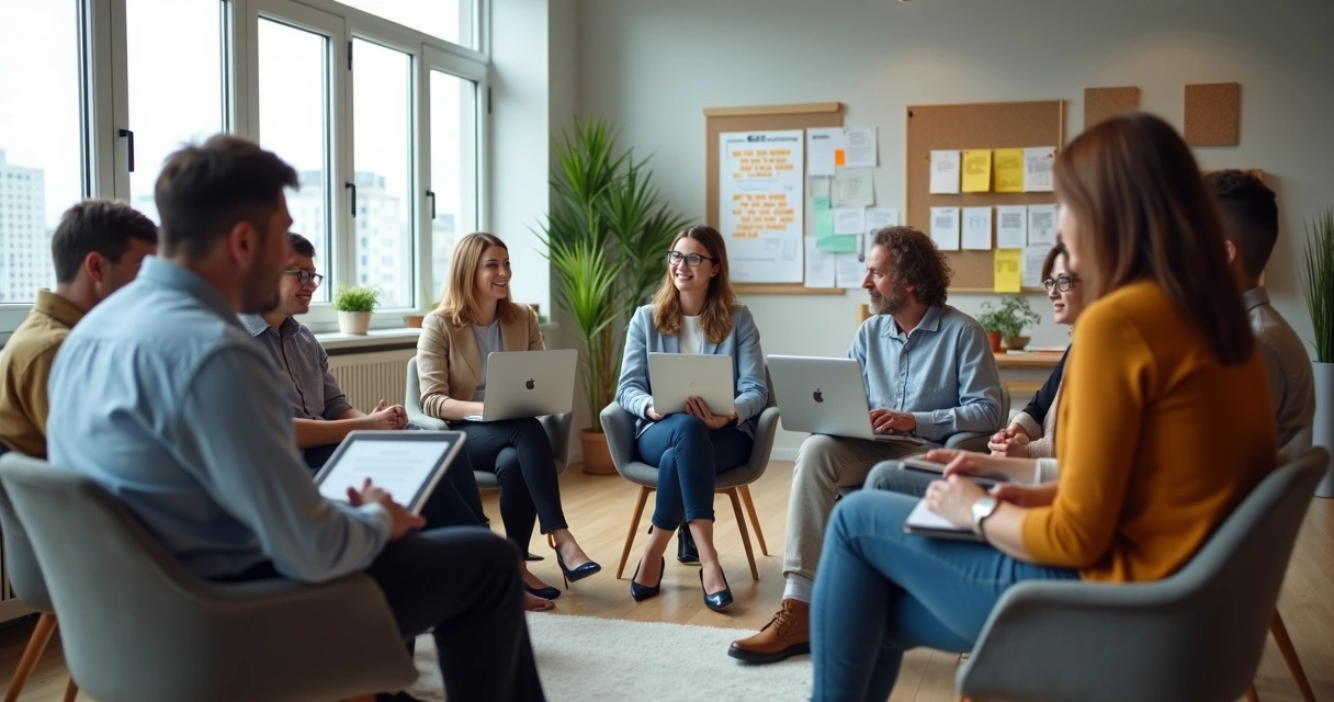Equipe diversa reunida em círculo em escritório moderno transmitindo segurança emocional no trabalho 