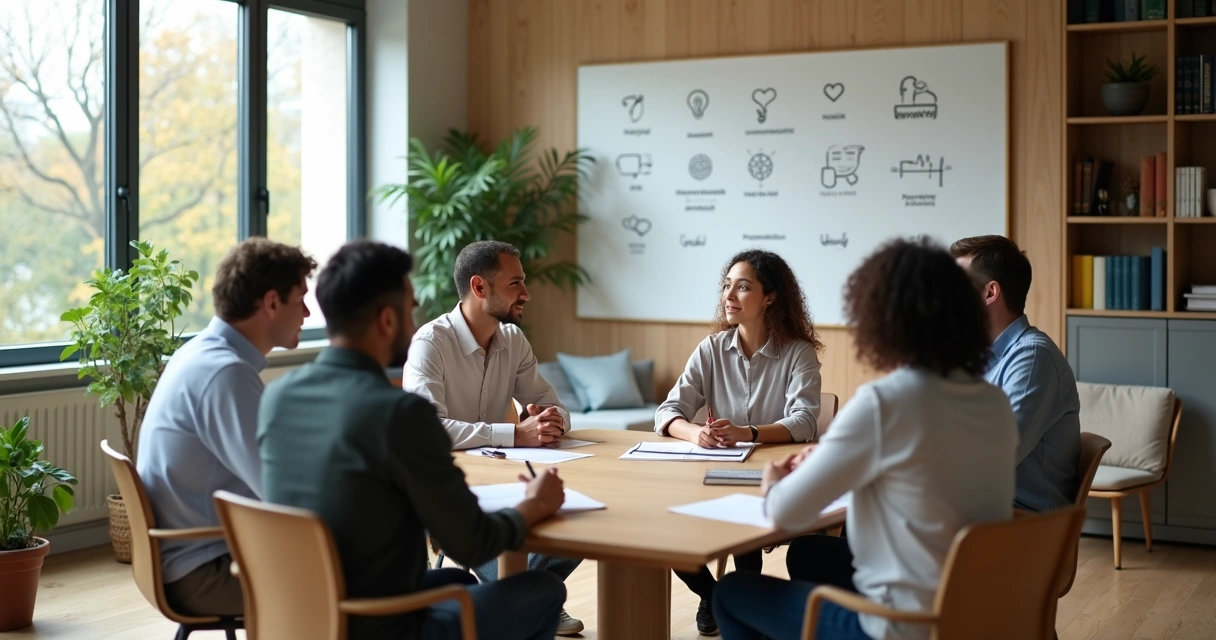Equipe diversa em reunião em escritório moderno com clima acolhedor e tranquilo 