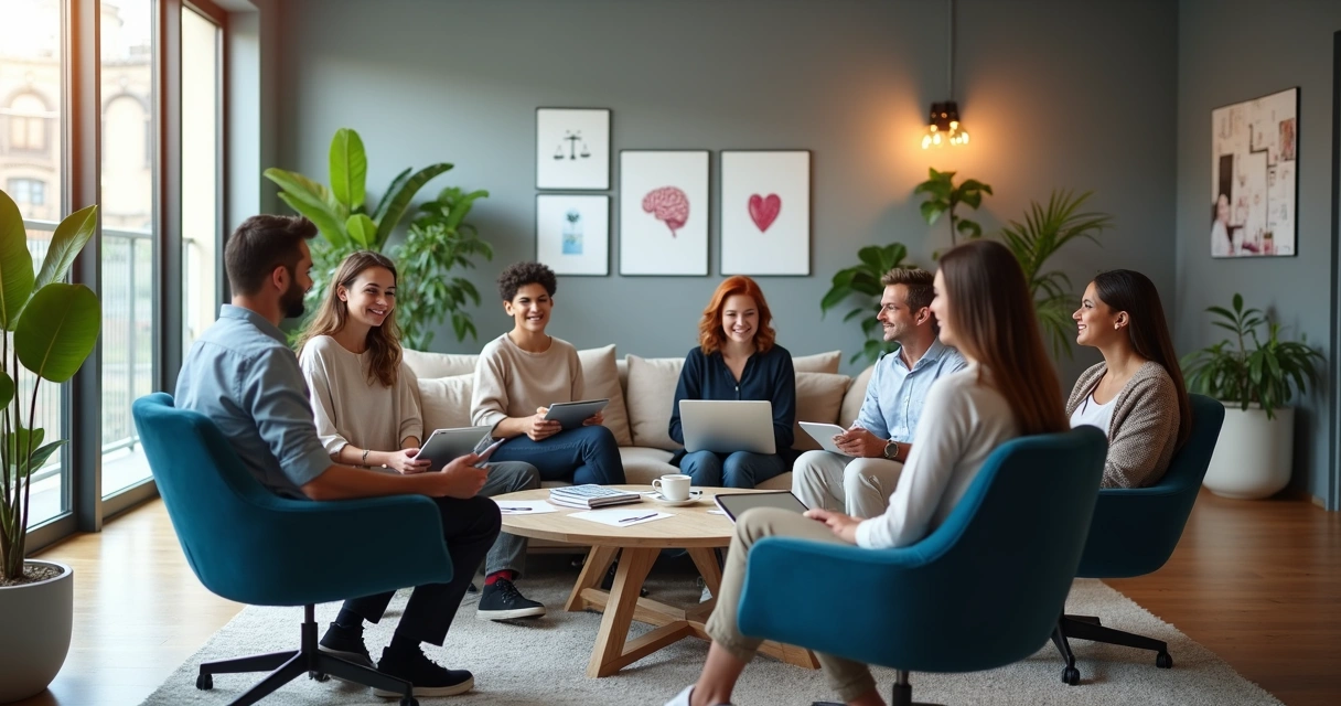 Equipe diversa reunida em escritório moderno com clima de bem-estar e cooperação 