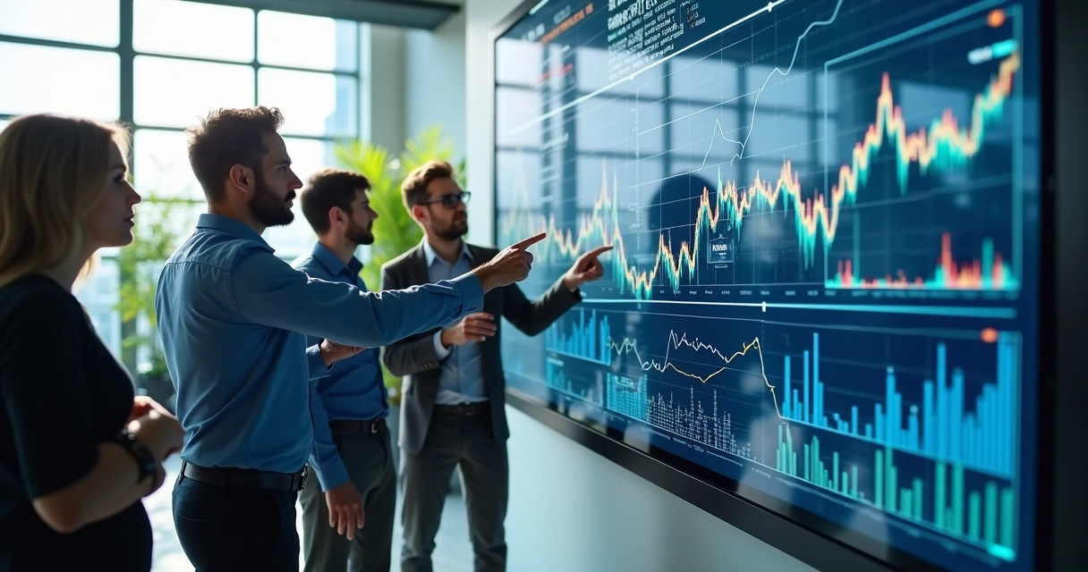 Equipe analisa dados e gráficos em telas grandes 