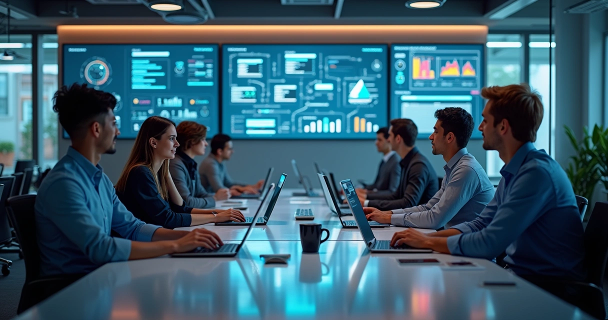 Equipe de escritório trabalhando com computadores em ambiente moderno com gráficos digitais de automação e integração visíveis na tela 