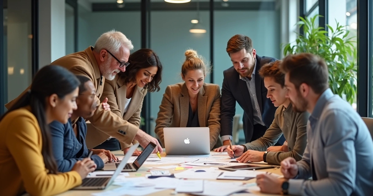 Equipe corporativa colaborando em ambiente aberto 