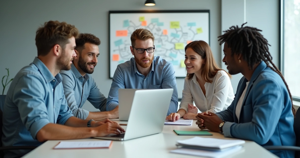 Equipe reunida ao redor do notebook discutindo estratégias digitais 